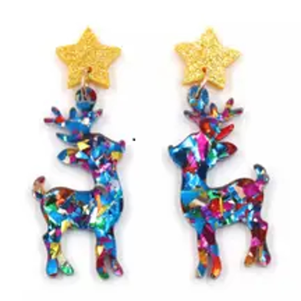 Beautiful Reindeer Christmas Glitter Metallic Confetti Drop Earrings